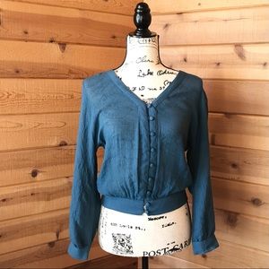 Teal Boho Cage Back Long Sleeve Blouse 🕸